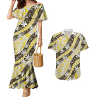 Rearea Tahiti Tiare Monstera Couples Matching Mermaid Dress and Hawaiian Shirt Polynesian Pattern Curve Style LT01 Yellow - Polynesian Pride