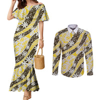Rearea Tahiti Tiare Monstera Couples Matching Mermaid Dress and Long Sleeve Button Shirt Polynesian Pattern Curve Style LT01 Yellow - Polynesian Pride