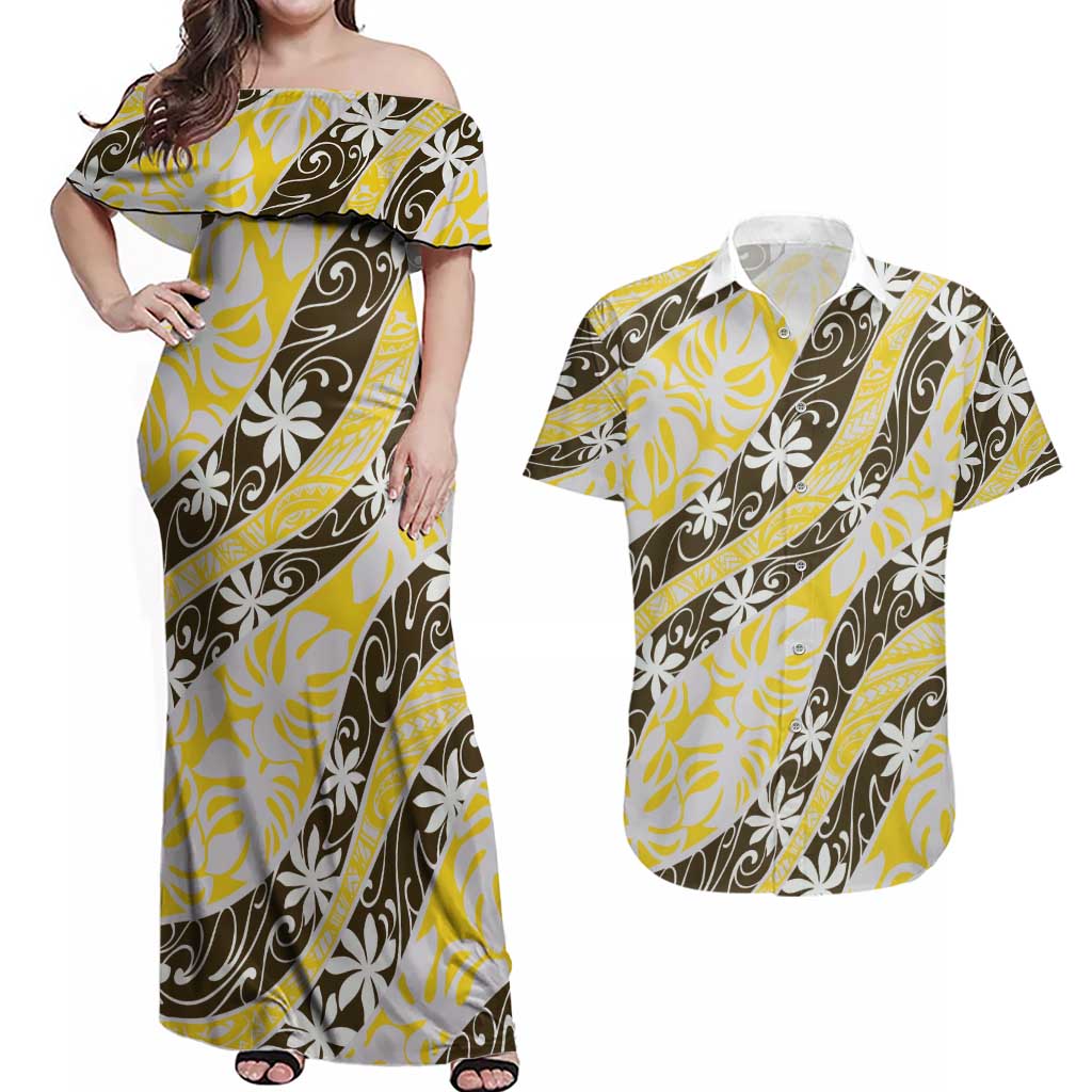 Rearea Tahiti Tiare Monstera Couples Matching Off Shoulder Maxi Dress and Hawaiian Shirt Polynesian Pattern Curve Style LT01 Yellow - Polynesian Pride