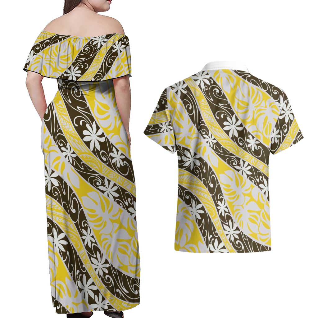 Rearea Tahiti Tiare Monstera Couples Matching Off Shoulder Maxi Dress and Hawaiian Shirt Polynesian Pattern Curve Style LT01 - Polynesian Pride