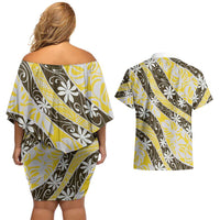 Rearea Tahiti Tiare Monstera Couples Matching Off Shoulder Short Dress and Hawaiian Shirt Polynesian Pattern Curve Style LT01 - Polynesian Pride