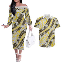 Rearea Tahiti Tiare Monstera Couples Matching Off The Shoulder Long Sleeve Dress and Hawaiian Shirt Polynesian Pattern Curve Style LT01 Yellow - Polynesian Pride