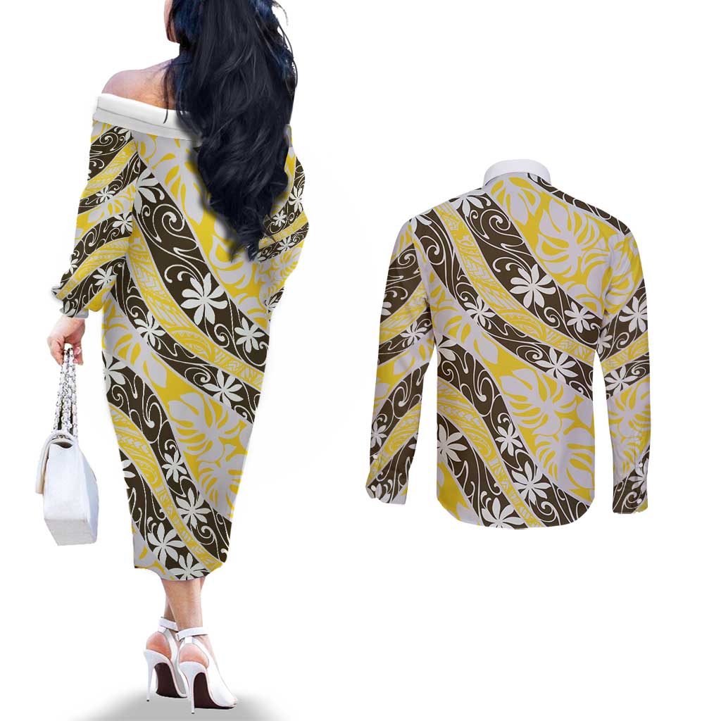 Rearea Tahiti Tiare Monstera Couples Matching Off The Shoulder Long Sleeve Dress and Long Sleeve Button Shirt Polynesian Pattern Curve Style LT01 - Polynesian Pride