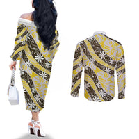 Rearea Tahiti Tiare Monstera Couples Matching Off The Shoulder Long Sleeve Dress and Long Sleeve Button Shirt Polynesian Pattern Curve Style LT01 - Polynesian Pride