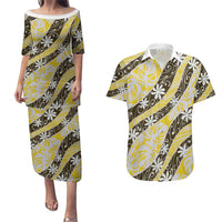Rearea Tahiti Tiare Monstera Couples Matching Puletasi and Hawaiian Shirt Polynesian Pattern Curve Style - Polynesian Pride