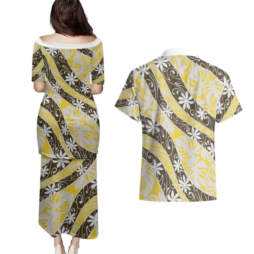 Rearea Tahiti Tiare Monstera Couples Matching Puletasi and Hawaiian Shirt Polynesian Pattern Curve Style - Polynesian Pride
