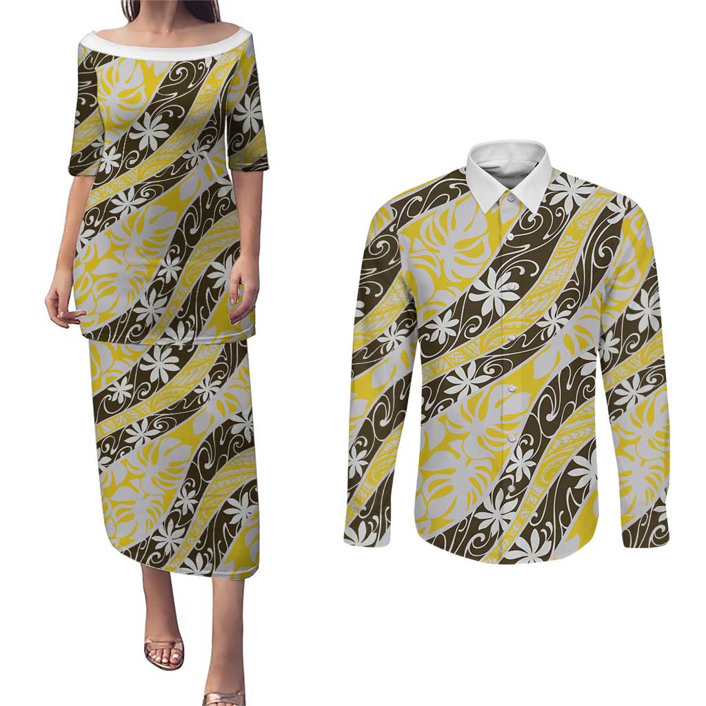 Rearea Tahiti Tiare Monstera Couples Matching Puletasi and Long Sleeve Button Shirt Polynesian Pattern Curve Style - Polynesian Pride