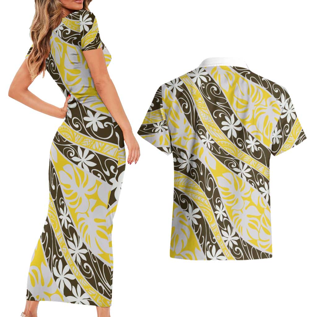 Rearea Tahiti Tiare Monstera Couples Matching Short Sleeve Bodycon Dress and Hawaiian Shirt Polynesian Pattern Curve Style LT01 - Polynesian Pride