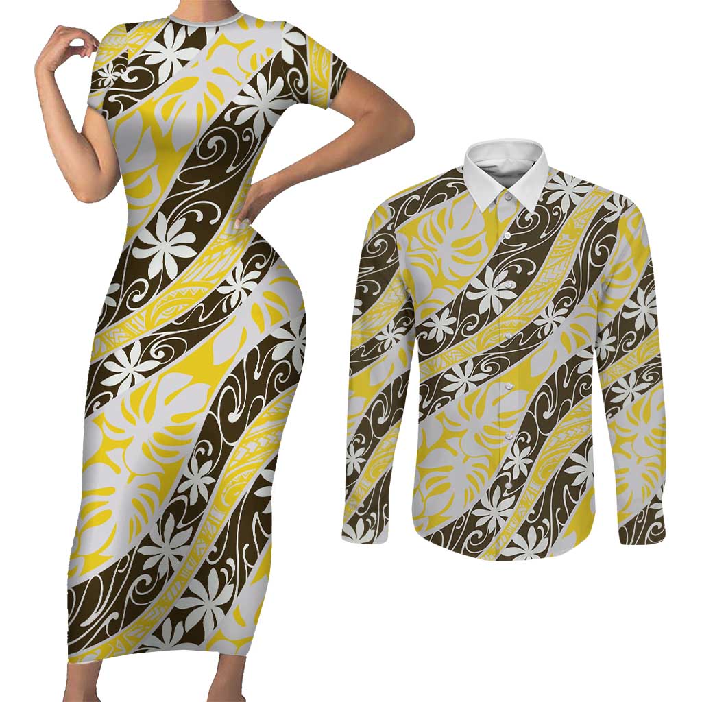 Rearea Tahiti Tiare Monstera Couples Matching Short Sleeve Bodycon Dress and Long Sleeve Button Shirt Polynesian Pattern Curve Style LT01 Yellow - Polynesian Pride