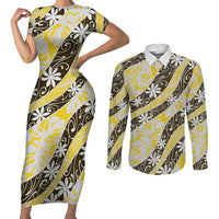 Rearea Tahiti Tiare Monstera Couples Matching Short Sleeve Bodycon Dress and Long Sleeve Button Shirt Polynesian Pattern Curve Style LT01 Yellow - Polynesian Pride