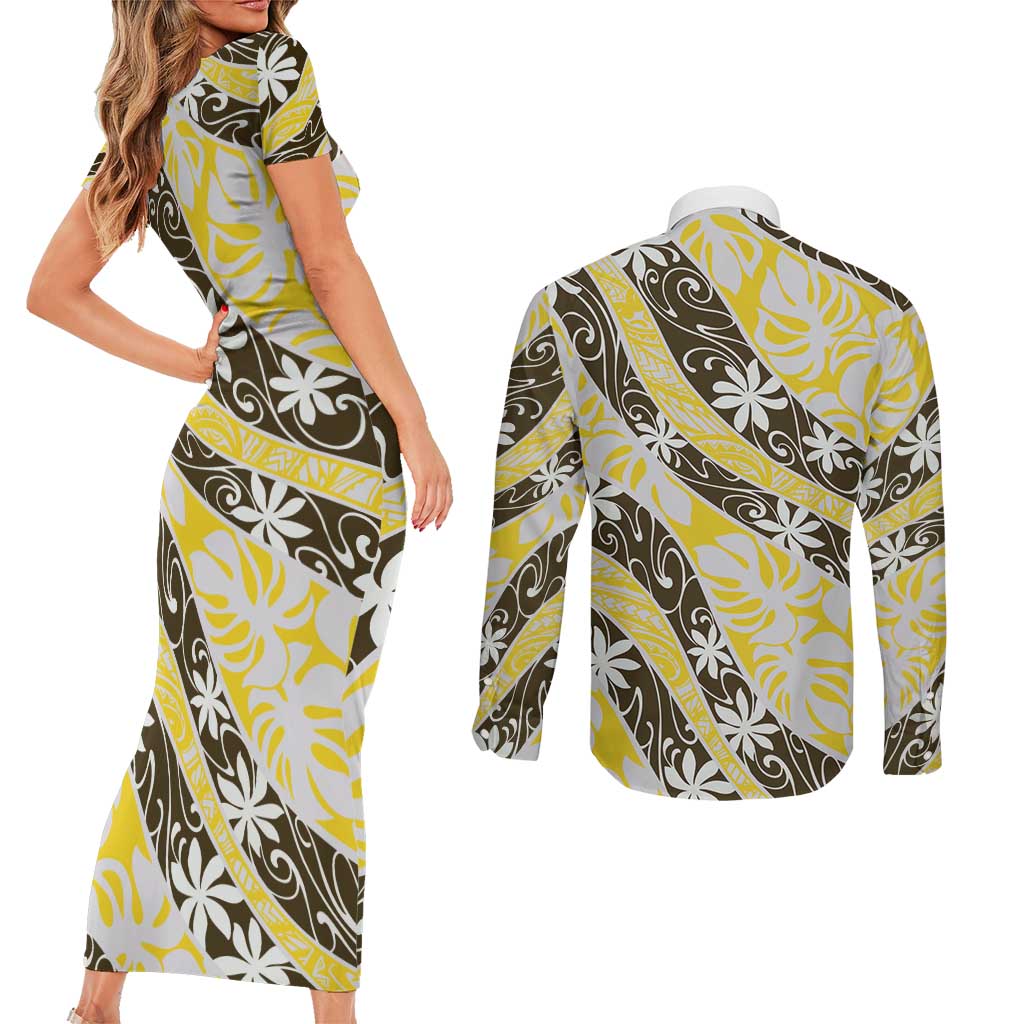 Rearea Tahiti Tiare Monstera Couples Matching Short Sleeve Bodycon Dress and Long Sleeve Button Shirt Polynesian Pattern Curve Style LT01 - Polynesian Pride