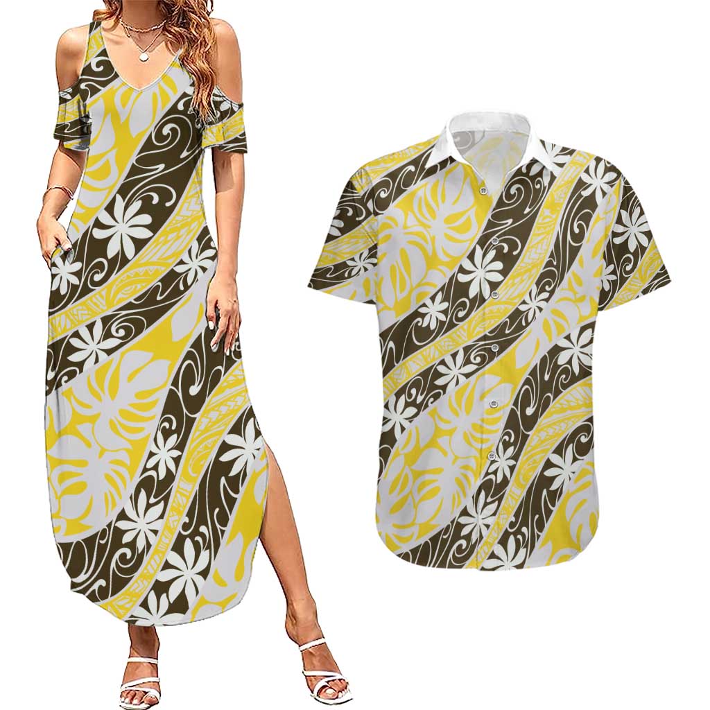 Rearea Tahiti Tiare Monstera Couples Matching Summer Maxi Dress and Hawaiian Shirt Polynesian Pattern Curve Style LT01 Yellow - Polynesian Pride