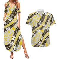 Rearea Tahiti Tiare Monstera Couples Matching Summer Maxi Dress and Hawaiian Shirt Polynesian Pattern Curve Style LT01 Yellow - Polynesian Pride