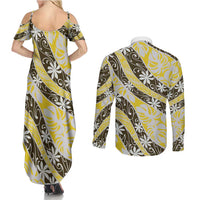 Rearea Tahiti Tiare Monstera Couples Matching Summer Maxi Dress and Long Sleeve Button Shirt Polynesian Pattern Curve Style - Polynesian Pride