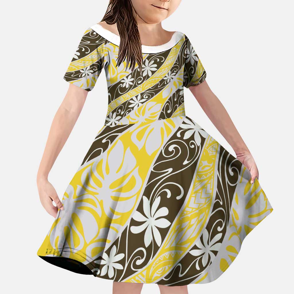 Rearea Tahiti Tiare Monstera Family Matching Long Sleeve Bodycon Dress and Hawaiian Shirt Polynesian Pattern Curve Style LT01 Daughter's Dress Yellow - Polynesian Pride