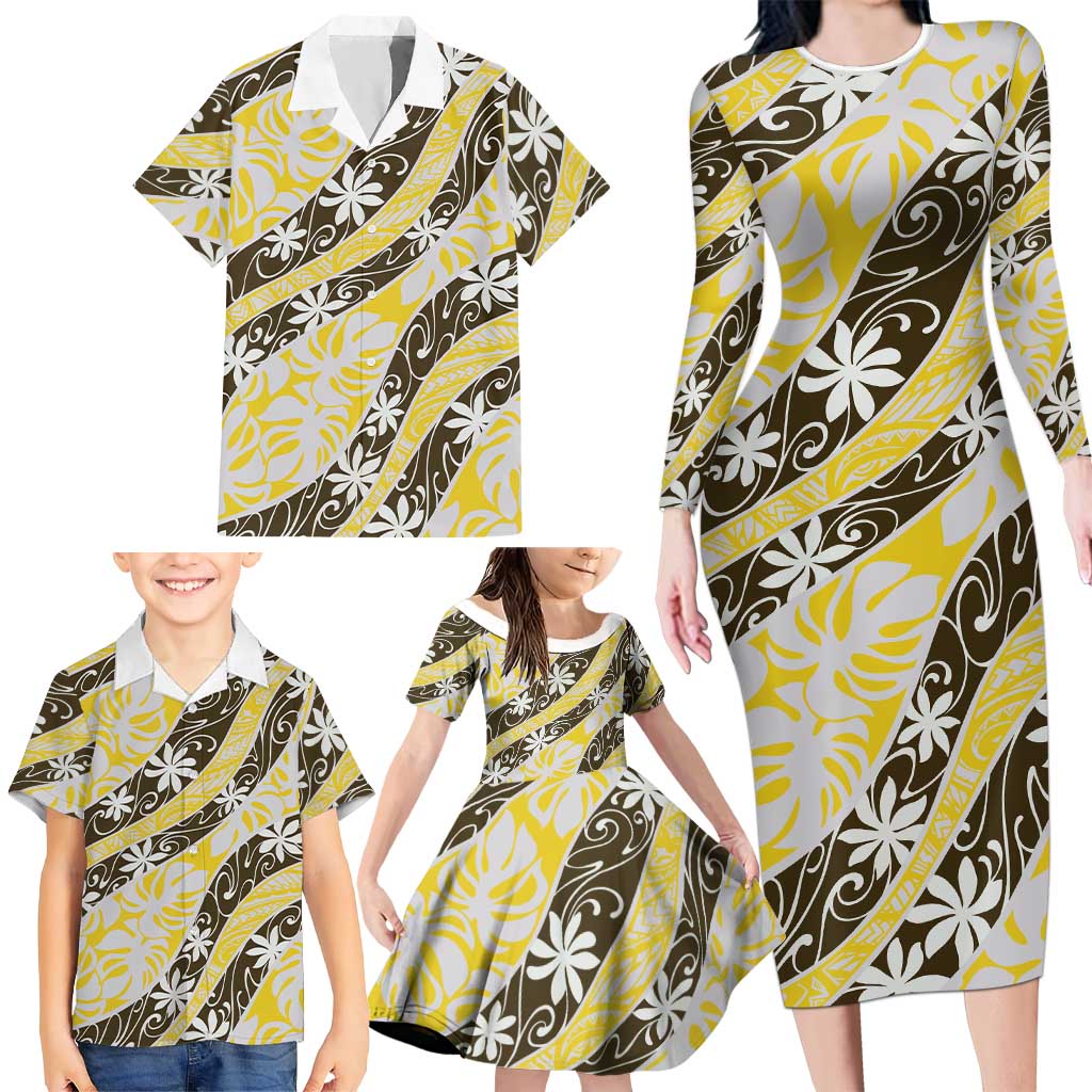 Rearea Tahiti Tiare Monstera Family Matching Long Sleeve Bodycon Dress and Hawaiian Shirt Polynesian Pattern Curve Style LT01 - Polynesian Pride