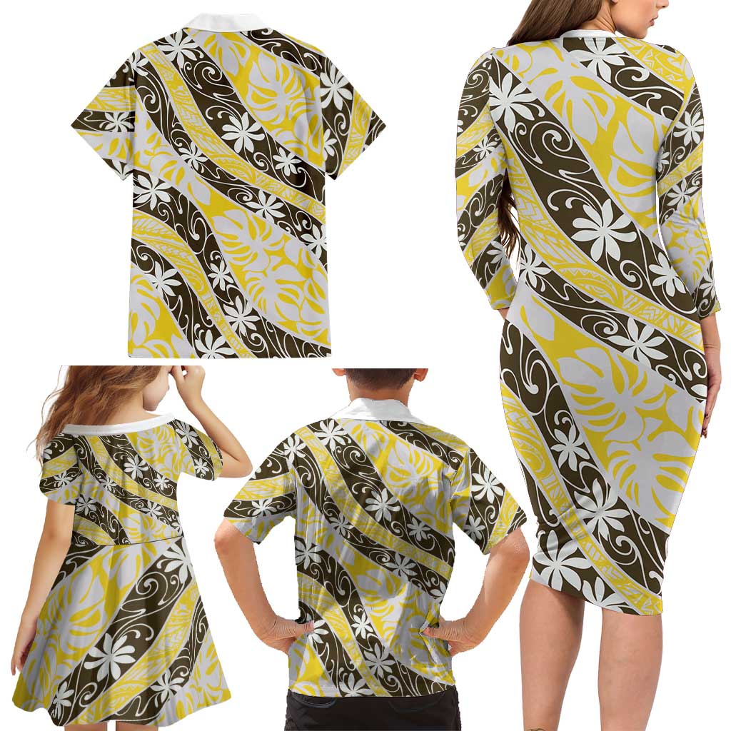 Rearea Tahiti Tiare Monstera Family Matching Long Sleeve Bodycon Dress and Hawaiian Shirt Polynesian Pattern Curve Style LT01 - Polynesian Pride