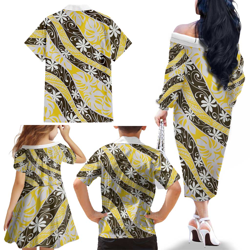 Rearea Tahiti Tiare Monstera Family Matching Off The Shoulder Long Sleeve Dress and Hawaiian Shirt Polynesian Pattern Curve Style LT01 - Polynesian Pride