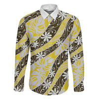 Rearea Tahiti Tiare Monstera Family Matching Off Shoulder Maxi Dress and Hawaiian Shirt Polynesian Pattern Curve Style LT01 Dad's Shirt - Long Sleeve Yellow - Polynesian Pride
