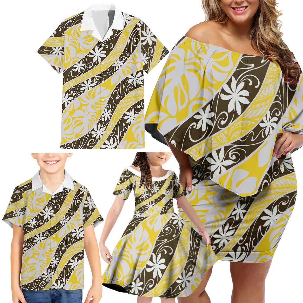 Rearea Tahiti Tiare Monstera Family Matching Off Shoulder Short Dress and Hawaiian Shirt Polynesian Pattern Curve Style LT01 - Polynesian Pride