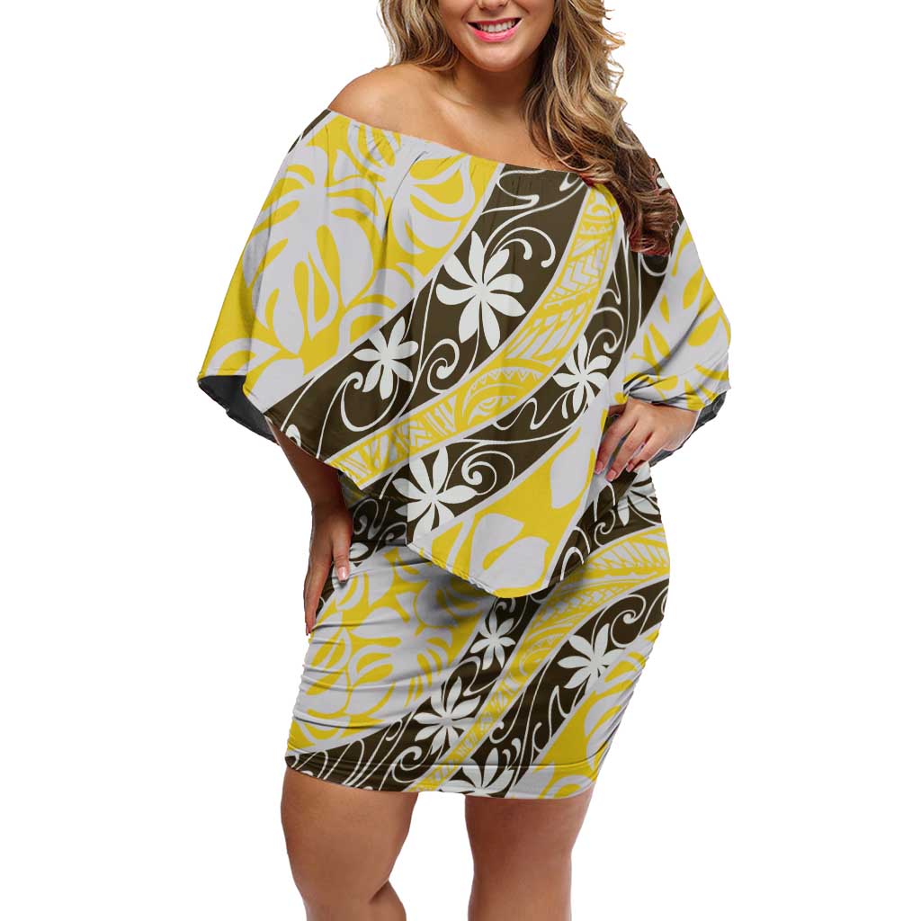 Rearea Tahiti Tiare Monstera Family Matching Off Shoulder Short Dress and Hawaiian Shirt Polynesian Pattern Curve Style LT01 Mom's Dress Yellow - Polynesian Pride