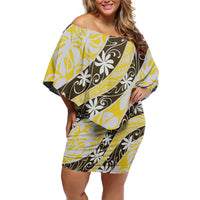 Rearea Tahiti Tiare Monstera Family Matching Off Shoulder Short Dress and Hawaiian Shirt Polynesian Pattern Curve Style LT01 Mom's Dress Yellow - Polynesian Pride
