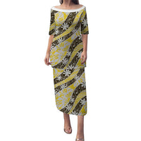 Rearea Tahiti Tiare Monstera Family Matching Puletasi and Hawaiian Shirt Polynesian Pattern Curve Style LT01 Mom's Dress Yellow - Polynesian Pride