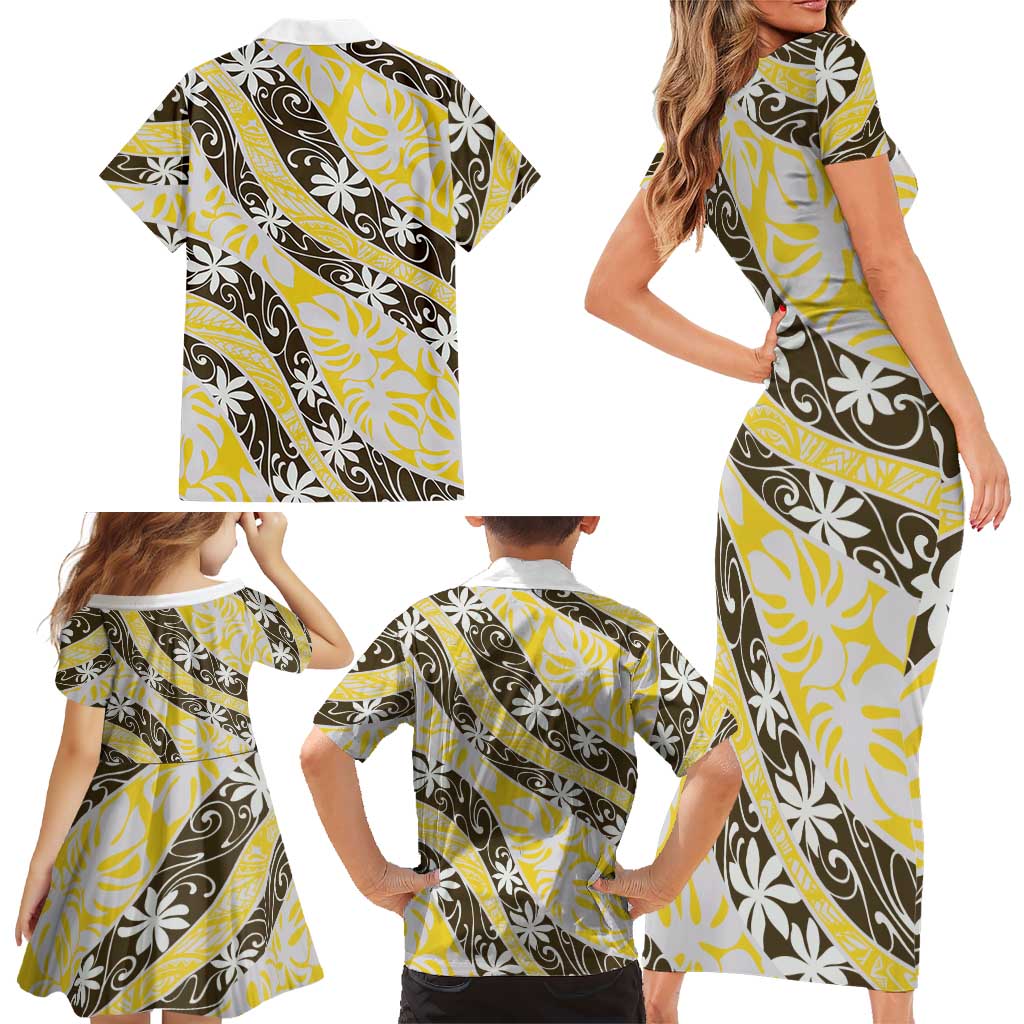Rearea Tahiti Tiare Monstera Family Matching Short Sleeve Bodycon Dress and Hawaiian Shirt Polynesian Pattern Curve Style LT01 - Polynesian Pride