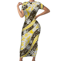 Rearea Tahiti Tiare Monstera Family Matching Short Sleeve Bodycon Dress and Hawaiian Shirt Polynesian Pattern Curve Style LT01 Mom's Dress Yellow - Polynesian Pride