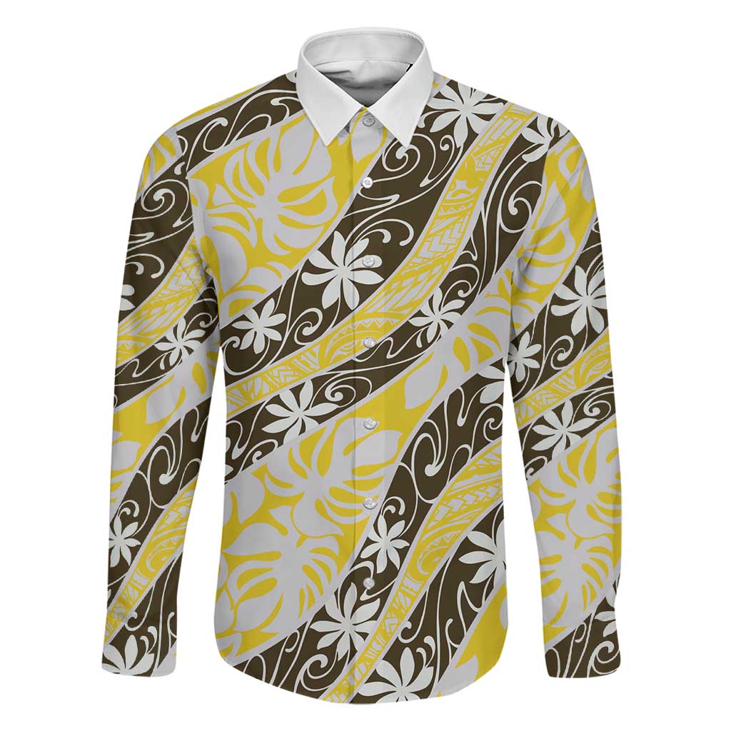 Rearea Tahiti Tiare Monstera Family Matching Summer Maxi Dress and Hawaiian Shirt Polynesian Pattern Curve Style LT01 Dad's Shirt - Long Sleeve Yellow - Polynesian Pride