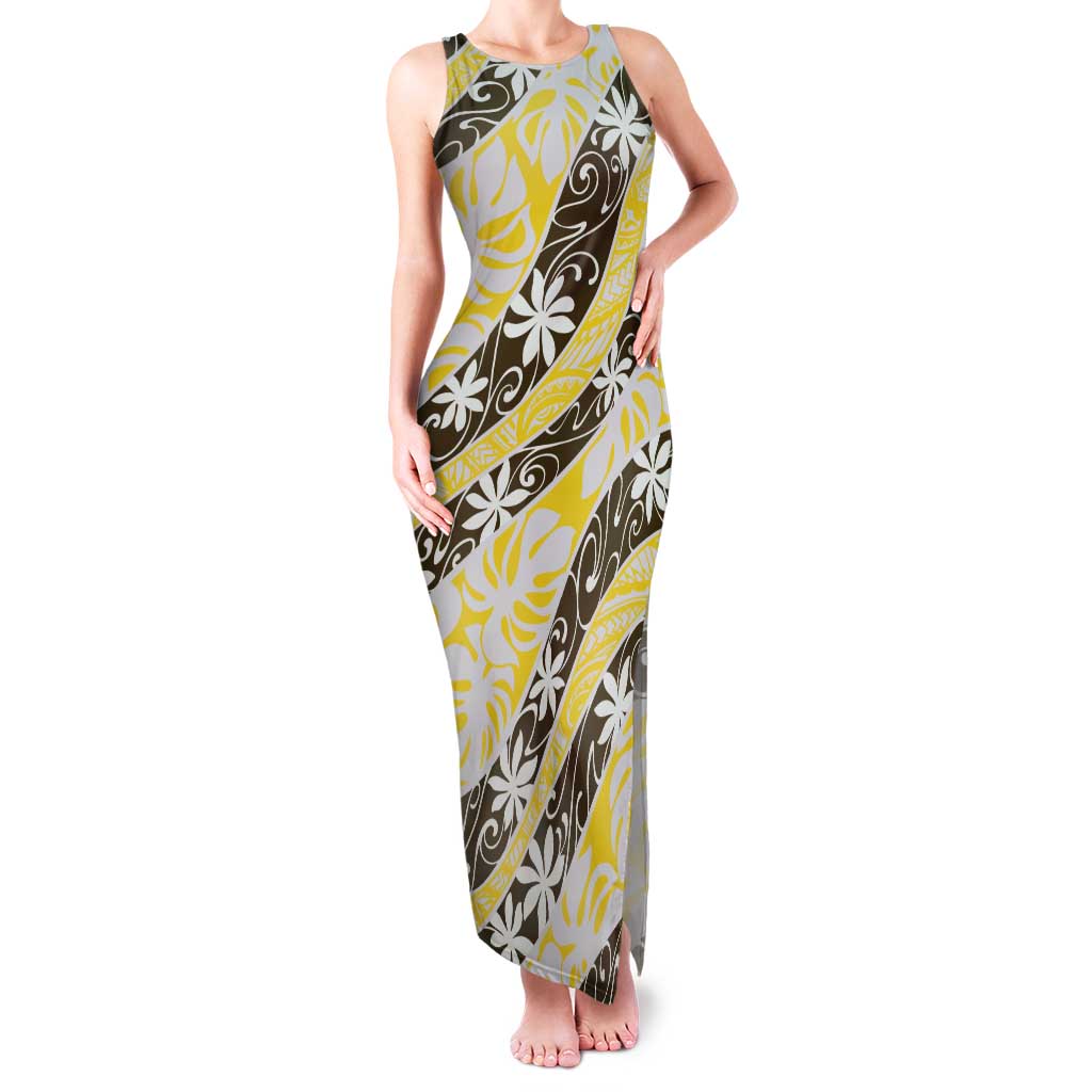 Rearea Tahiti Tiare Monstera Family Matching Tank Maxi Dress and Hawaiian Shirt Polynesian Pattern Curve Style LT01 Mom's Dress Yellow - Polynesian Pride