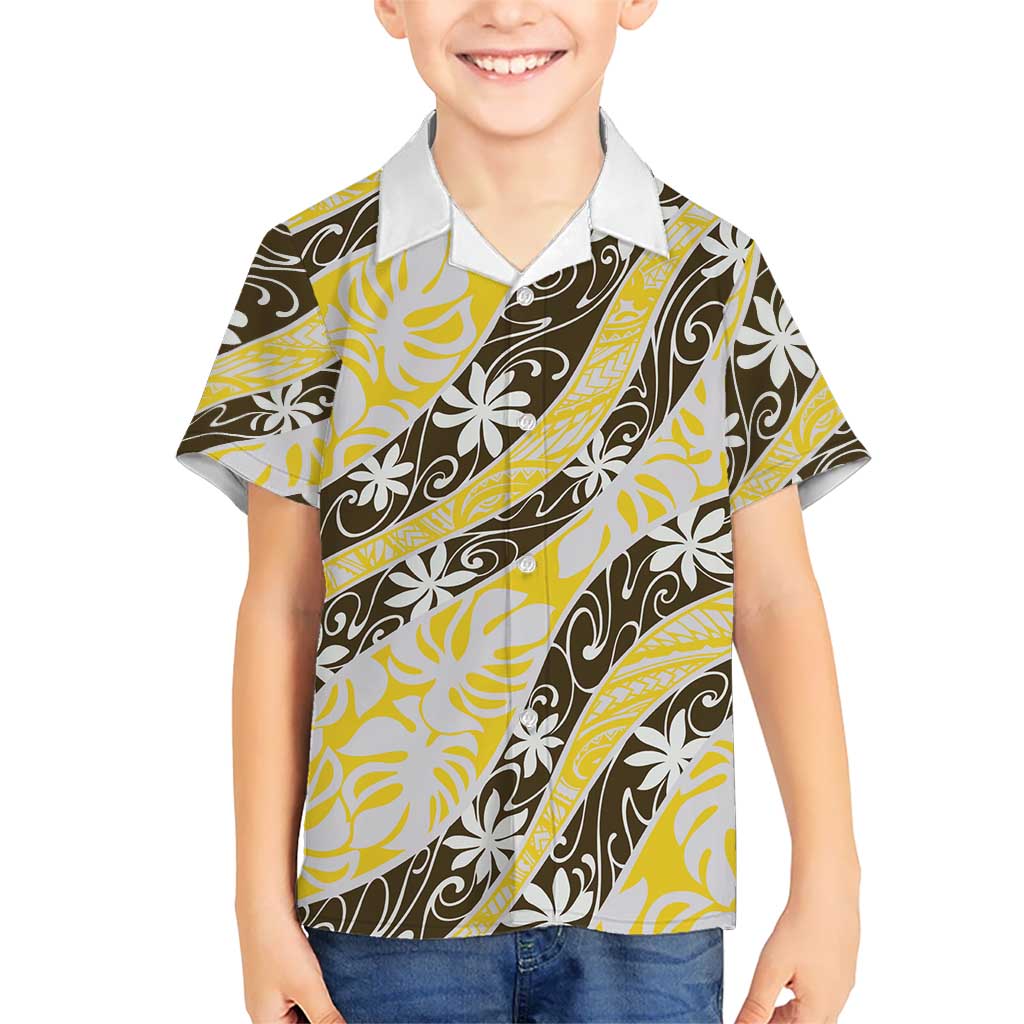 Rearea Tahiti Tiare Monstera Kid Hawaiian Shirt Polynesian Pattern Curve Style LT01 Kid Yellow - Polynesian Pride