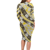 Rearea Tahiti Tiare Monstera Long Sleeve Bodycon Dress Polynesian Pattern Curve Style - Polynesian Pride