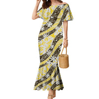 Rearea Tahiti Tiare Monstera Mermaid Dress Polynesian Pattern Curve Style LT01 Women Yellow - Polynesian Pride