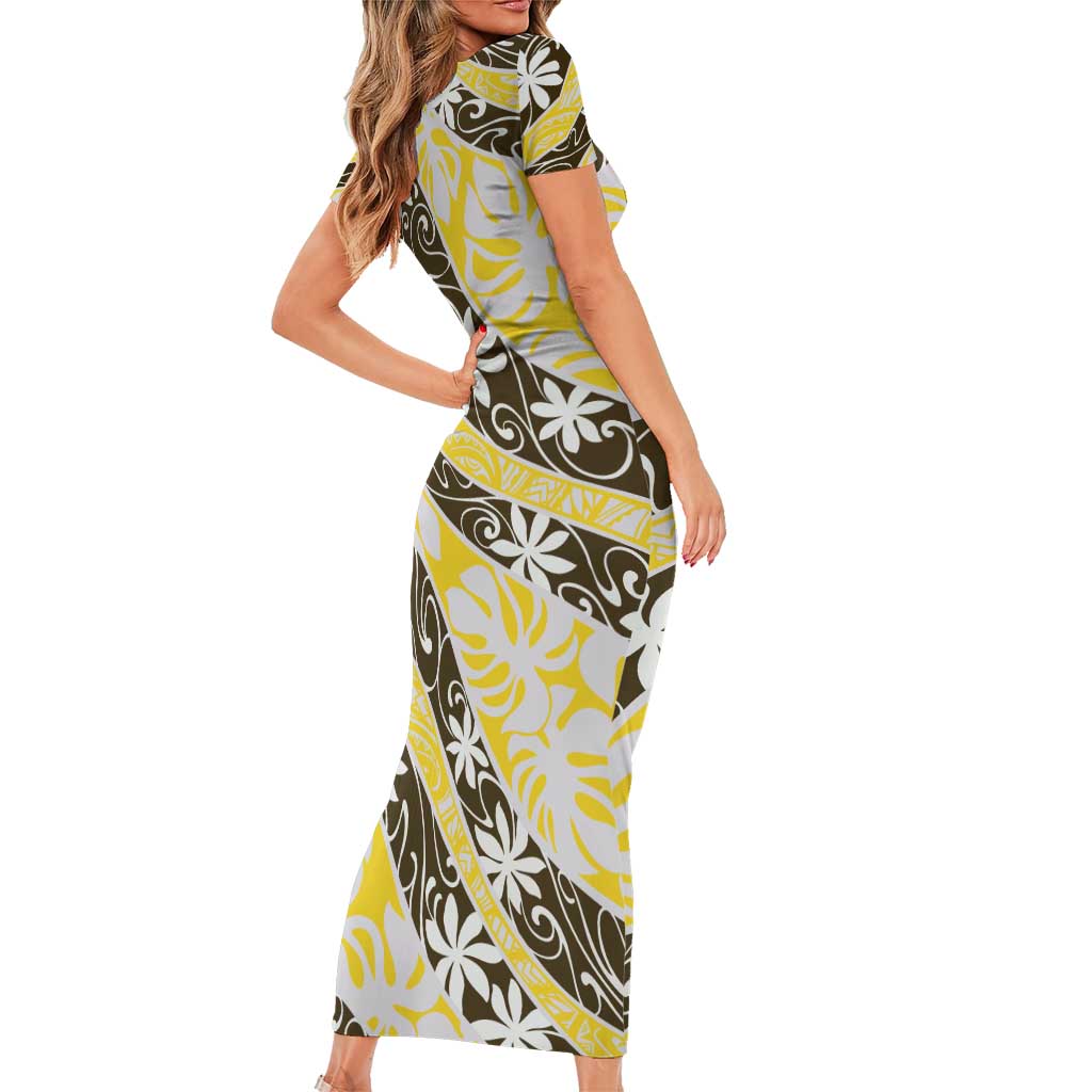 Rearea Tahiti Tiare Monstera Short Sleeve Bodycon Dress Polynesian Pattern Curve Style - Polynesian Pride