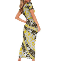 Rearea Tahiti Tiare Monstera Short Sleeve Bodycon Dress Polynesian Pattern Curve Style - Polynesian Pride