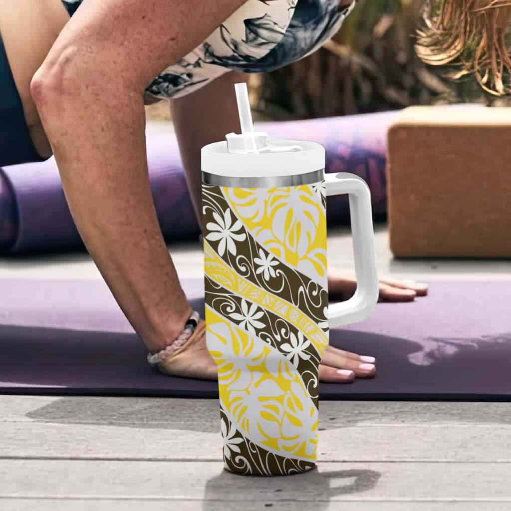 Rearea Tahiti Tiare Monstera Tumbler With Handle Polynesian Pattern Curve Style - Polynesian Pride
