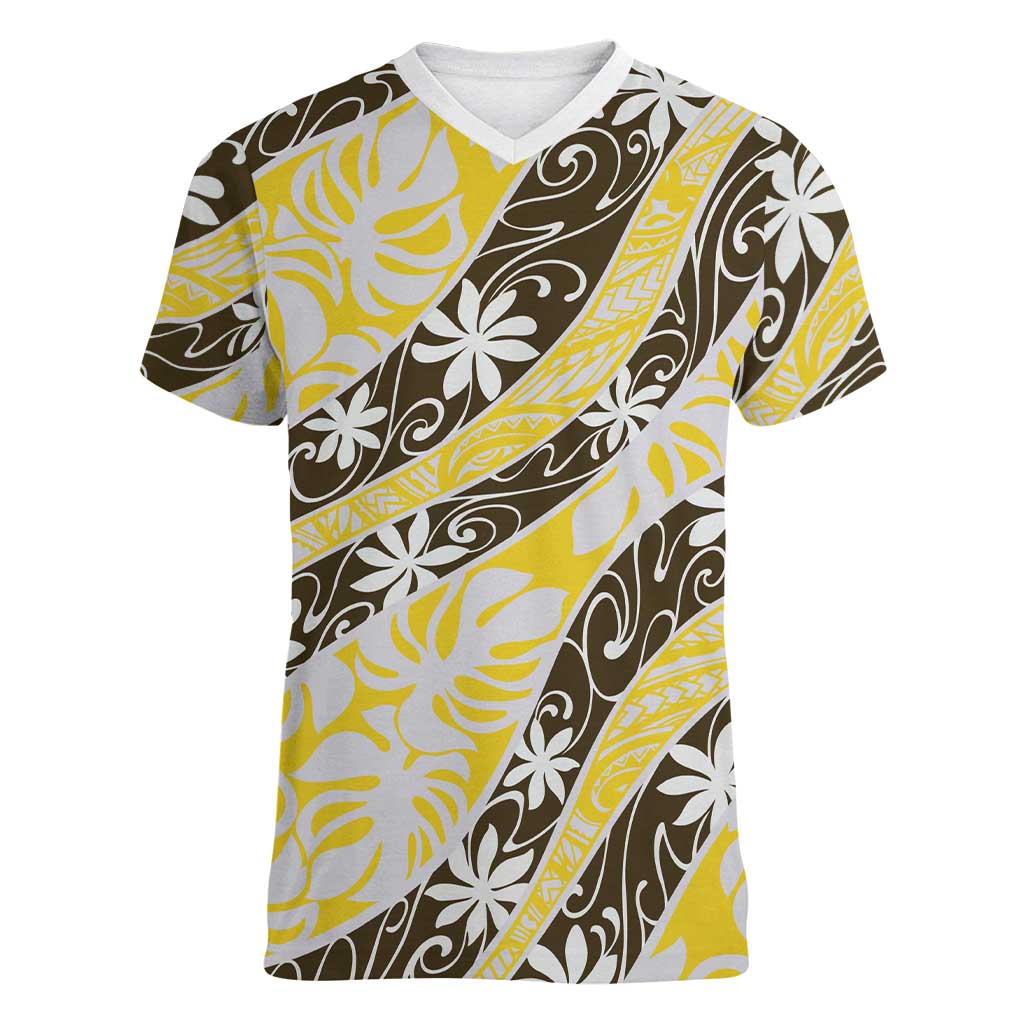 Rearea Tahiti Tiare Monstera Women V-Neck T-Shirt Polynesian Pattern Curve Style - Polynesian Pride