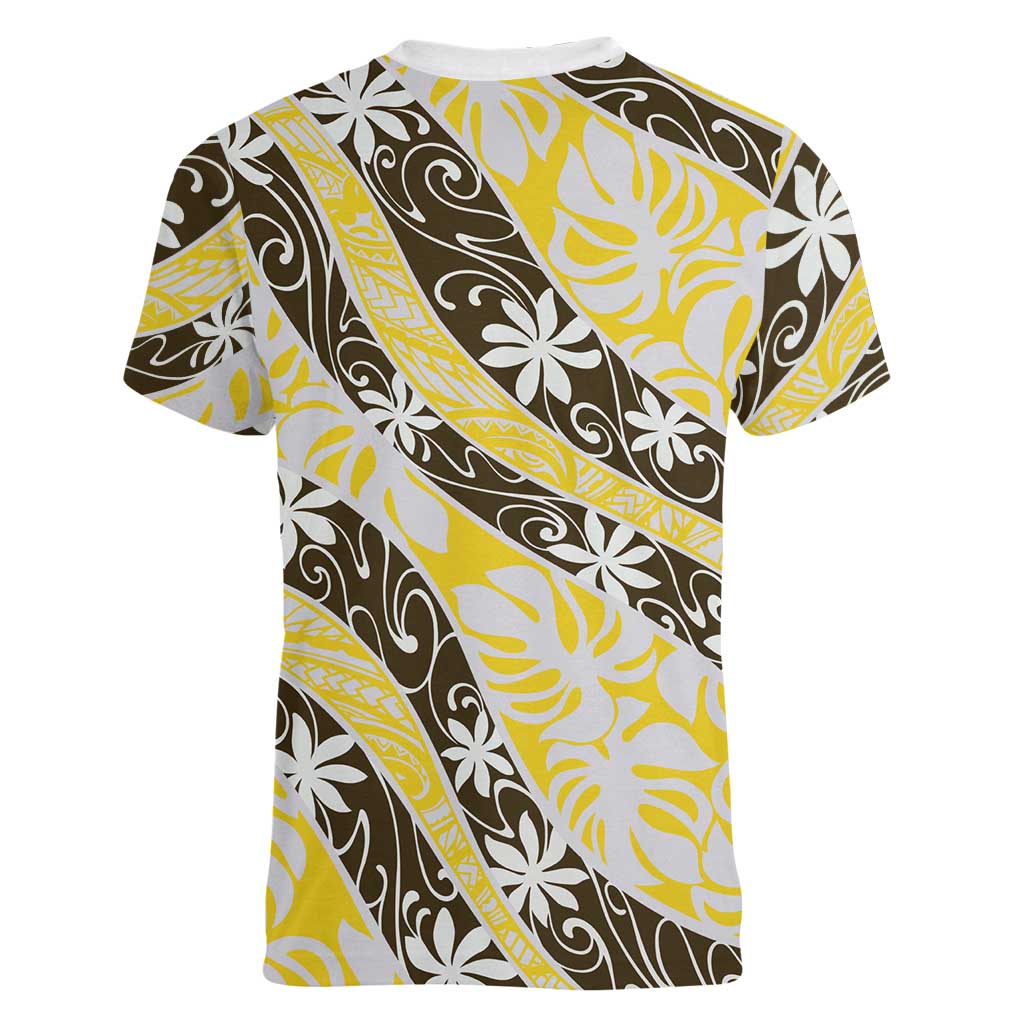 Rearea Tahiti Tiare Monstera Women V-Neck T-Shirt Polynesian Pattern Curve Style - Polynesian Pride