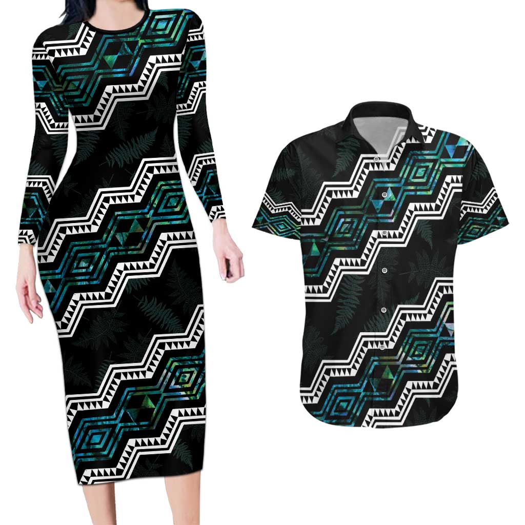 Personalised Taniko Aotearoa Mix Paua Shell Couples Matching Long Sleeve Bodycon Dress and Hawaiian Shirt Niho Taniwha Turquoise Glitter LT01 Turquoise - Polynesian Pride