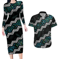 Personalised Taniko Aotearoa Mix Paua Shell Couples Matching Long Sleeve Bodycon Dress and Hawaiian Shirt Niho Taniwha Turquoise Glitter LT01 Turquoise - Polynesian Pride