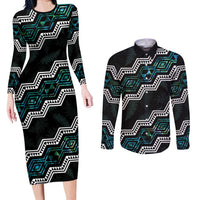 Personalised Taniko Aotearoa Mix Paua Shell Couples Matching Long Sleeve Bodycon Dress and Long Sleeve Button Shirt Niho Taniwha Turquoise Glitter LT01 Turquoise - Polynesian Pride