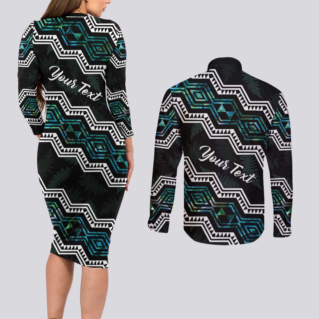 Personalised Taniko Aotearoa Mix Paua Shell Couples Matching Long Sleeve Bodycon Dress and Long Sleeve Button Shirt Niho Taniwha Turquoise Glitter LT01 - Polynesian Pride