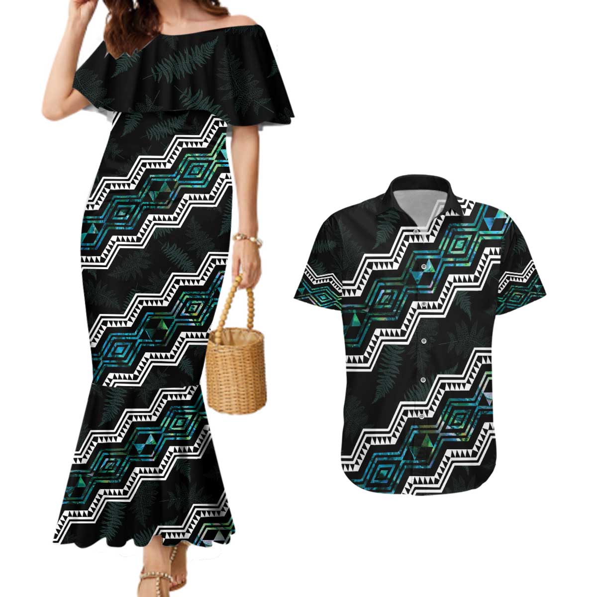 Personalised Taniko Aotearoa Mix Paua Shell Couples Matching Mermaid Dress and Hawaiian Shirt Niho Taniwha Turquoise Glitter LT01 Turquoise - Polynesian Pride