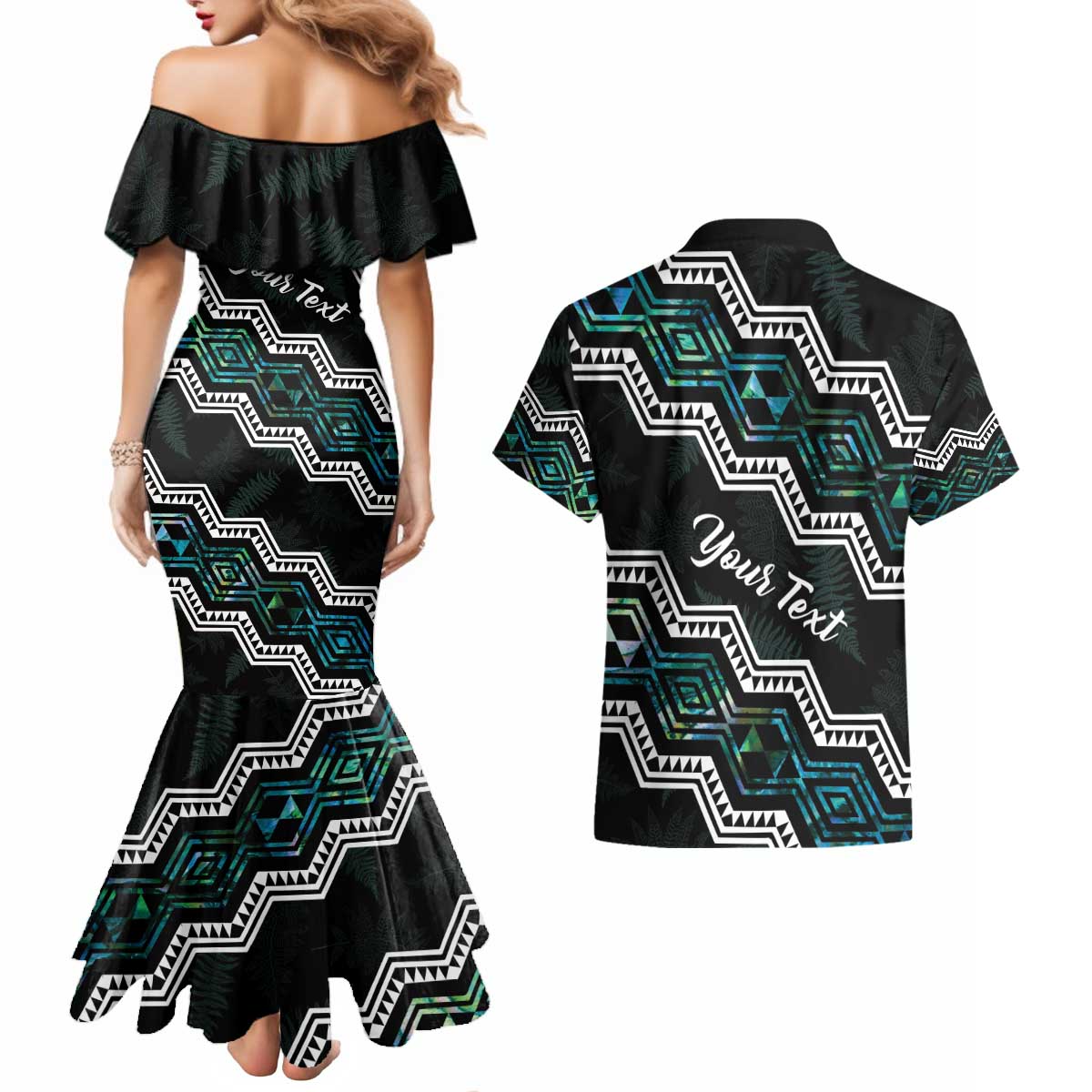Personalised Taniko Aotearoa Mix Paua Shell Couples Matching Mermaid Dress and Hawaiian Shirt Niho Taniwha Turquoise Glitter LT01 - Polynesian Pride