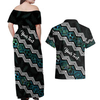 Personalised Taniko Aotearoa Mix Paua Shell Couples Matching Off Shoulder Maxi Dress and Hawaiian Shirt Niho Taniwha Turquoise Glitter LT01 - Polynesian Pride