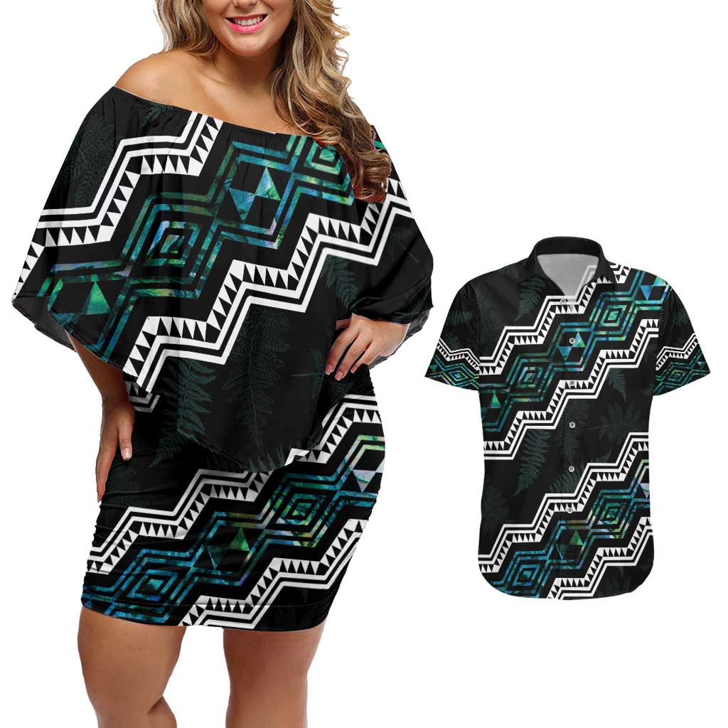 Personalised Taniko Aotearoa Mix Paua Shell Couples Matching Off Shoulder Short Dress and Hawaiian Shirt Niho Taniwha Turquoise Glitter LT01 Turquoise - Polynesian Pride
