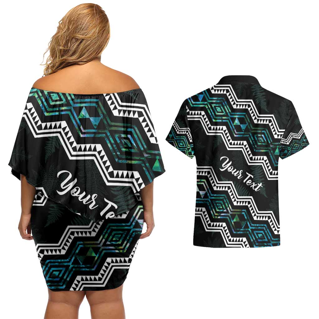 Personalised Taniko Aotearoa Mix Paua Shell Couples Matching Off Shoulder Short Dress and Hawaiian Shirt Niho Taniwha Turquoise Glitter LT01 - Polynesian Pride
