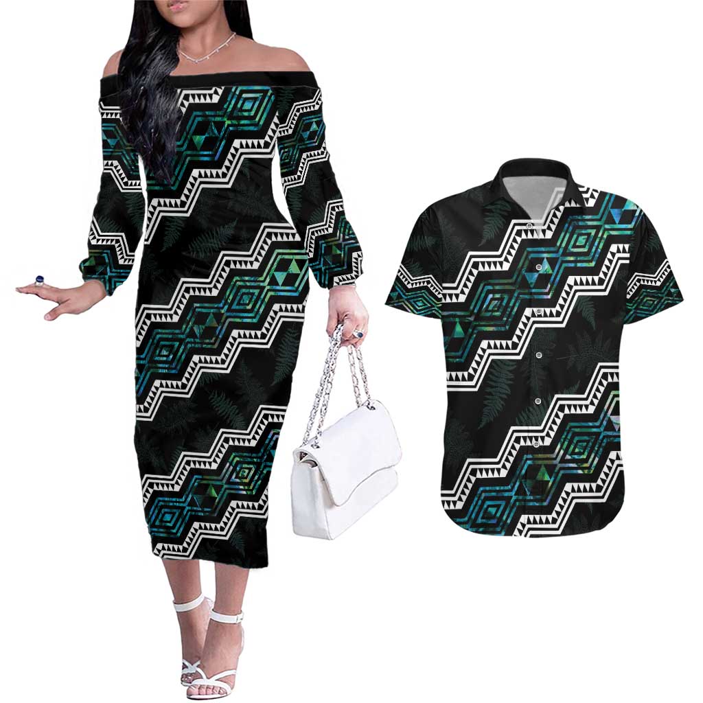 Personalised Taniko Aotearoa Mix Paua Shell Couples Matching Off The Shoulder Long Sleeve Dress and Hawaiian Shirt Niho Taniwha Turquoise Glitter LT01 Turquoise - Polynesian Pride