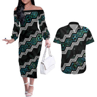 Personalised Taniko Aotearoa Mix Paua Shell Couples Matching Off The Shoulder Long Sleeve Dress and Hawaiian Shirt Niho Taniwha Turquoise Glitter LT01 Turquoise - Polynesian Pride